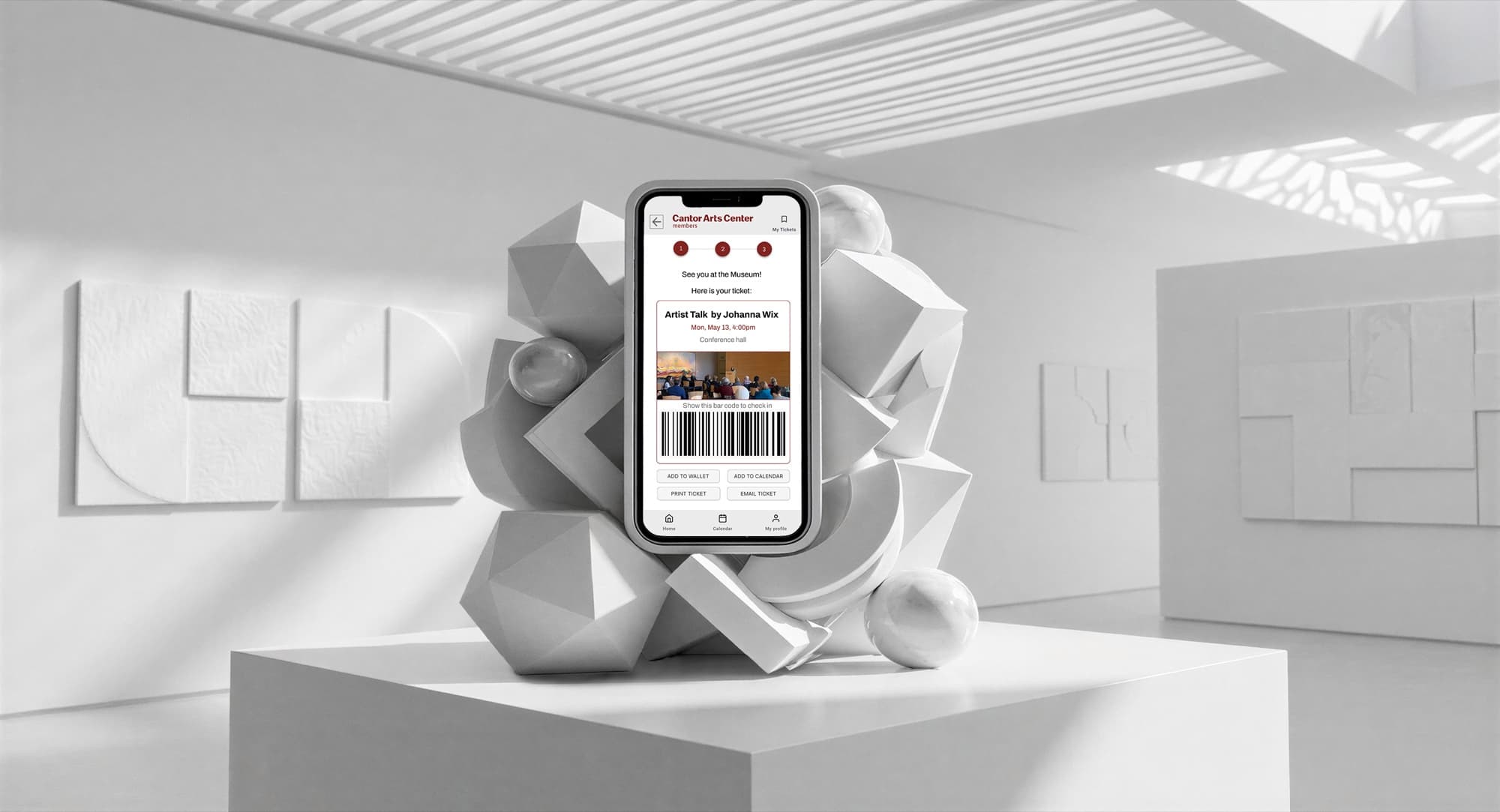 Cantor Arts Center membership app on a phone among white geometric sculptures