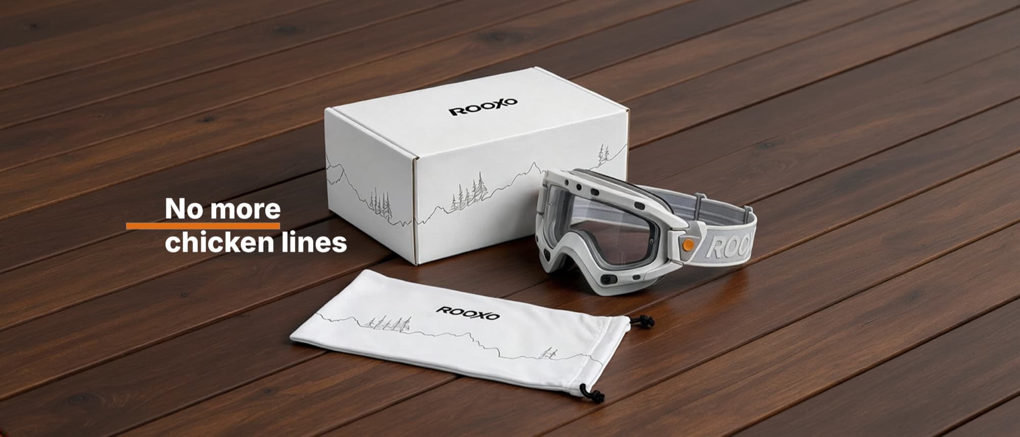 ROOXO smart downhill goggles with packaging reading “No more chicken lines”